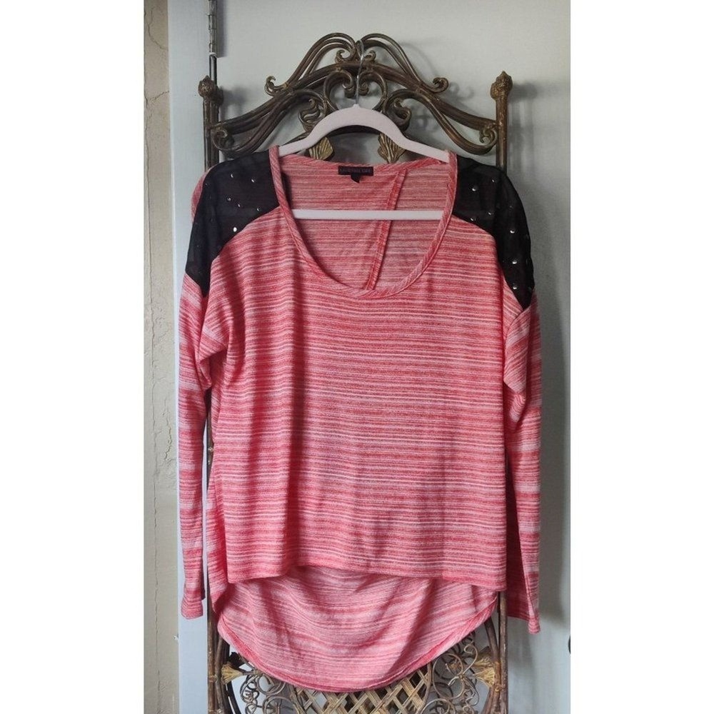 Material Girl Womens Top Sz L Orange & White Striped Stretch Open Back Long Slee